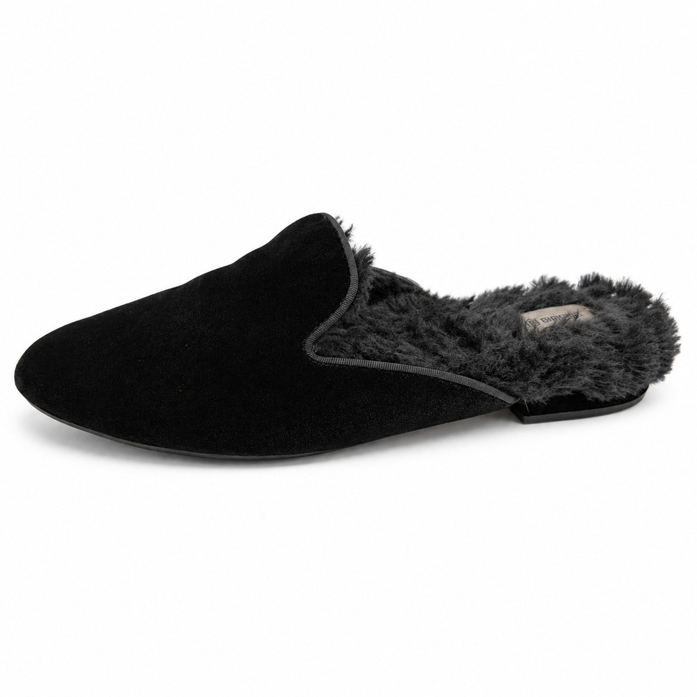 Birdies Size 7 Classic Phoebe Slippers Black Velvet Faux Fur Slide Shoes Women's